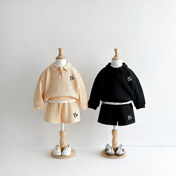 長袖セットアップ キッズセットアップ 2点セット 長袖ポロシャツ+ショートパンツ レターロゴ刺繍 3カラー【mh0004676】