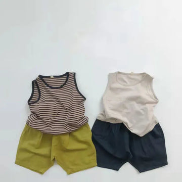 ノースリーブセットアップ キッズセットアップ 2点セット タンクトップ+ショートパンツ シンプルベーシック 4カラー【mh0004518】