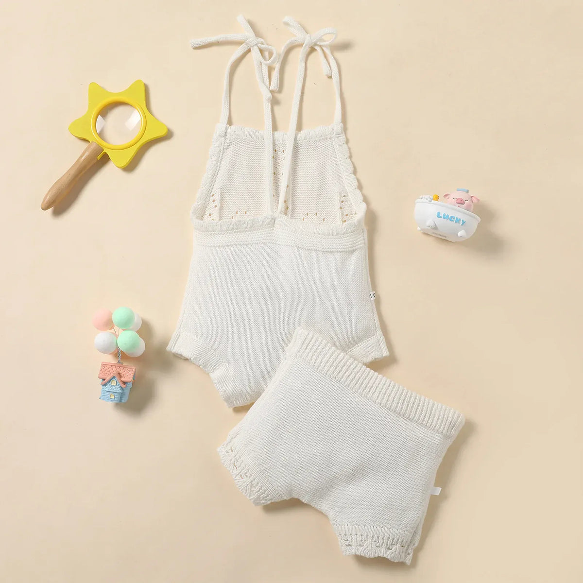 ベビー用ニットキャミロンパース&ショートパンツセット(ホワイト)