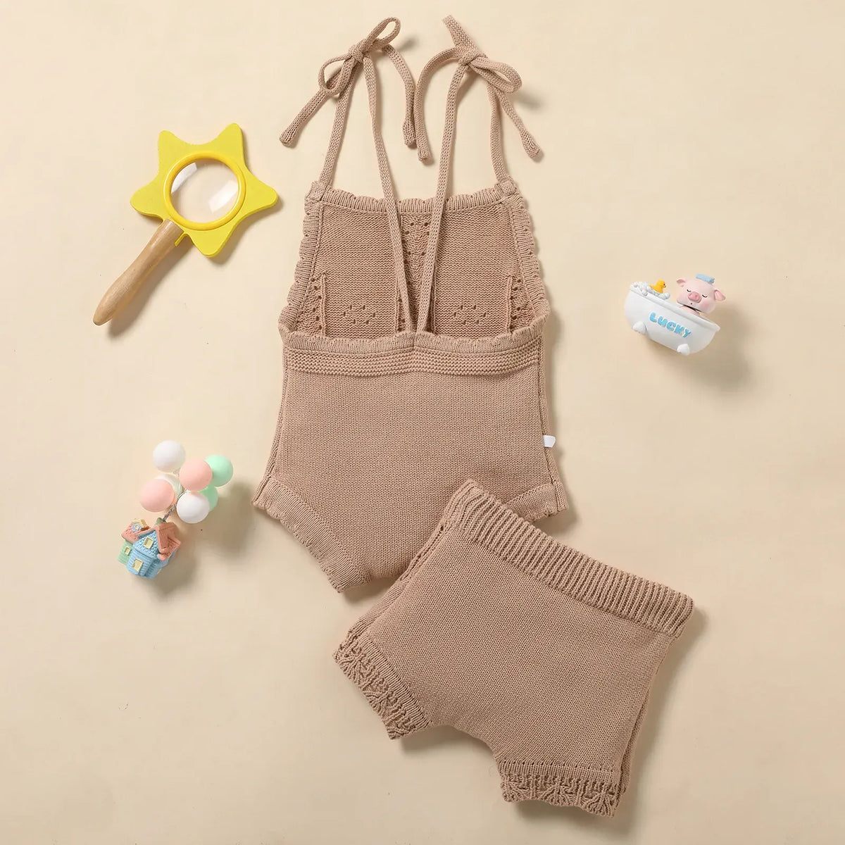 ベビー用ニットキャミロンパース&ショートパンツセット(カーキ)