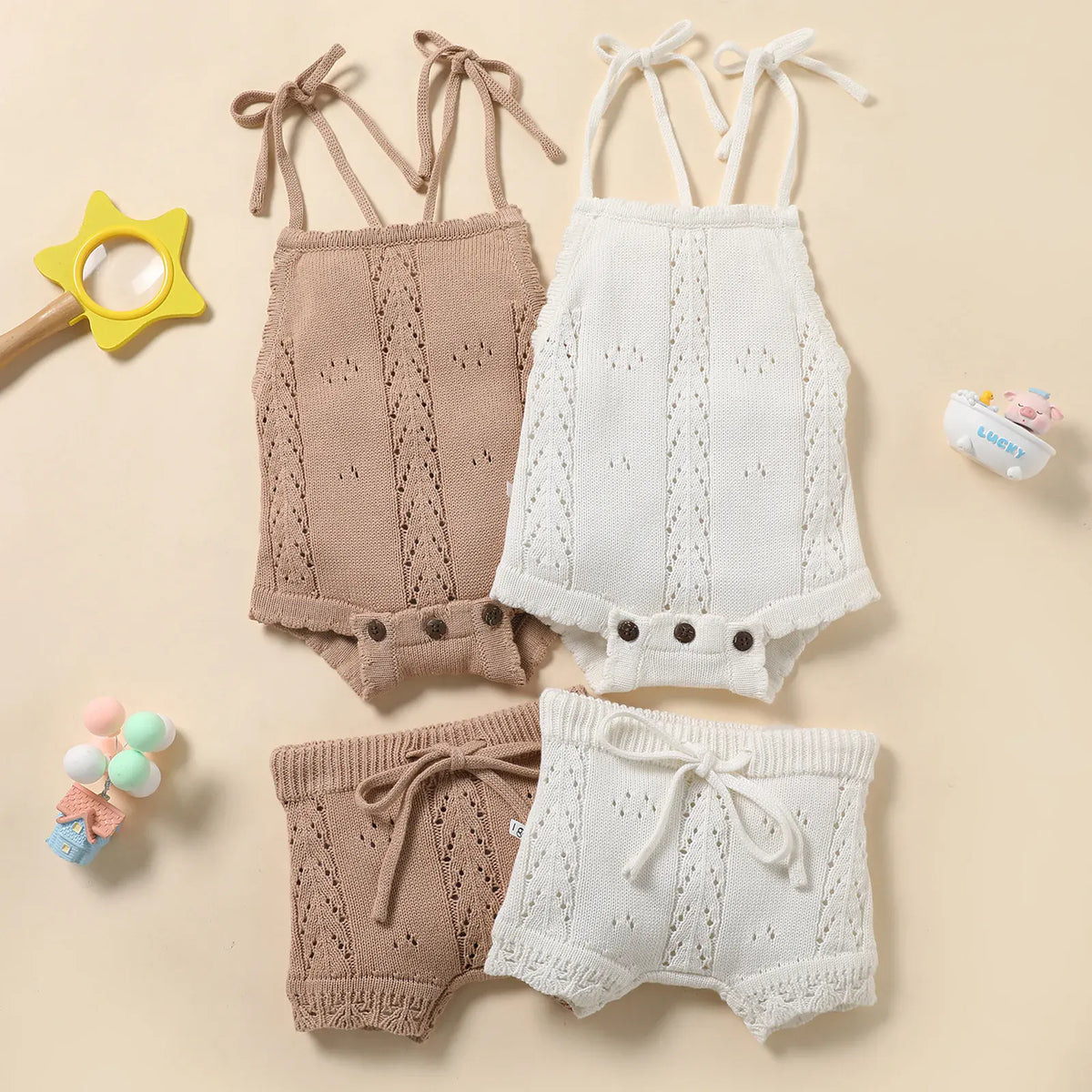 ベビー用ニットキャミロンパース&ショートパンツセット(カーキ・ホワイト)