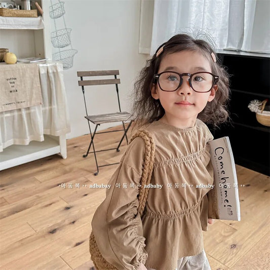 長袖シャツ・ブラウス キッズ長袖ブラウス チュニック トップス ベージュ コーヒー 2カラー ガールズ 女の子 子供服 7031