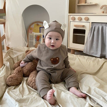 長袖ロンパース ベビー 長袖ロンパース 帽子セット 水玉 ドット くま ベア ボンネットセット コーヒー ホワイト 2カラー ユニセックス 男の子 女の子 子供服 9085