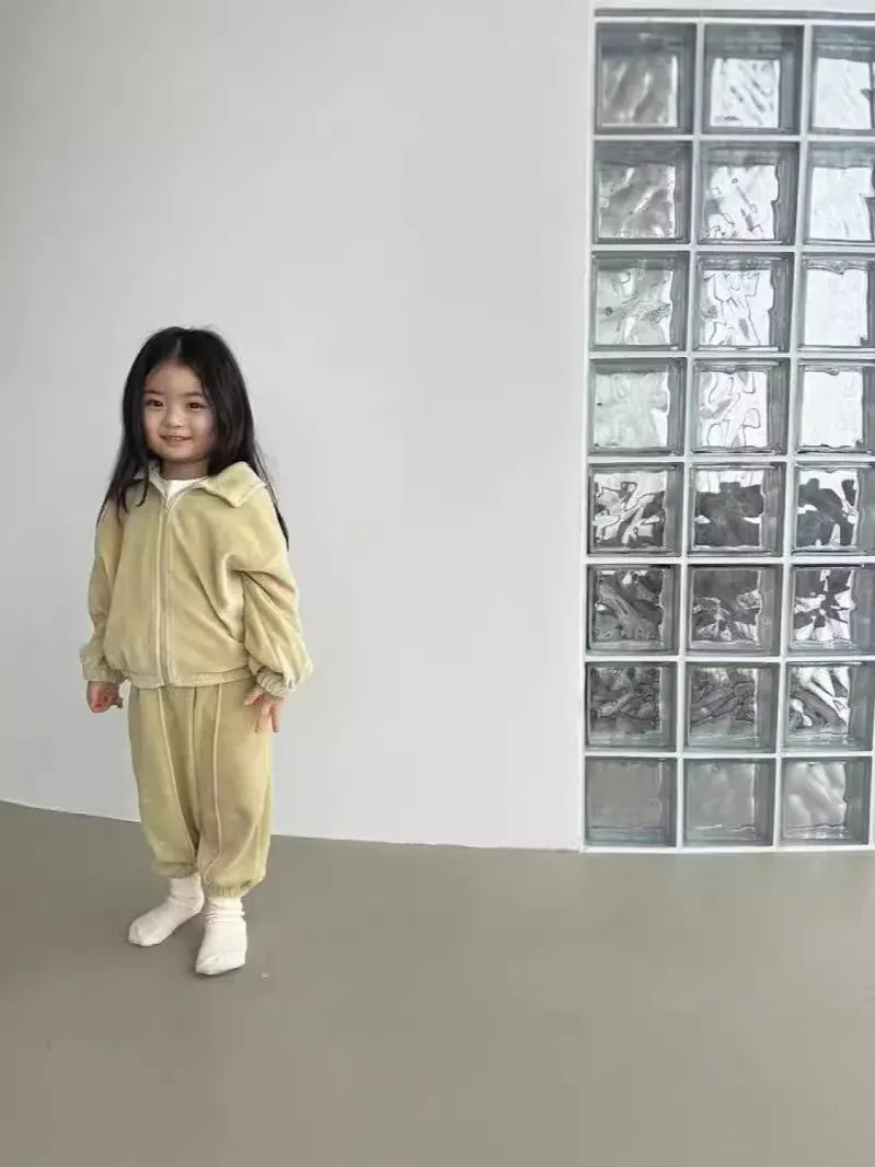 ベビーキッズセットアップ2点セット(黄)襟付きジップスウェットジャケットロングパンツ