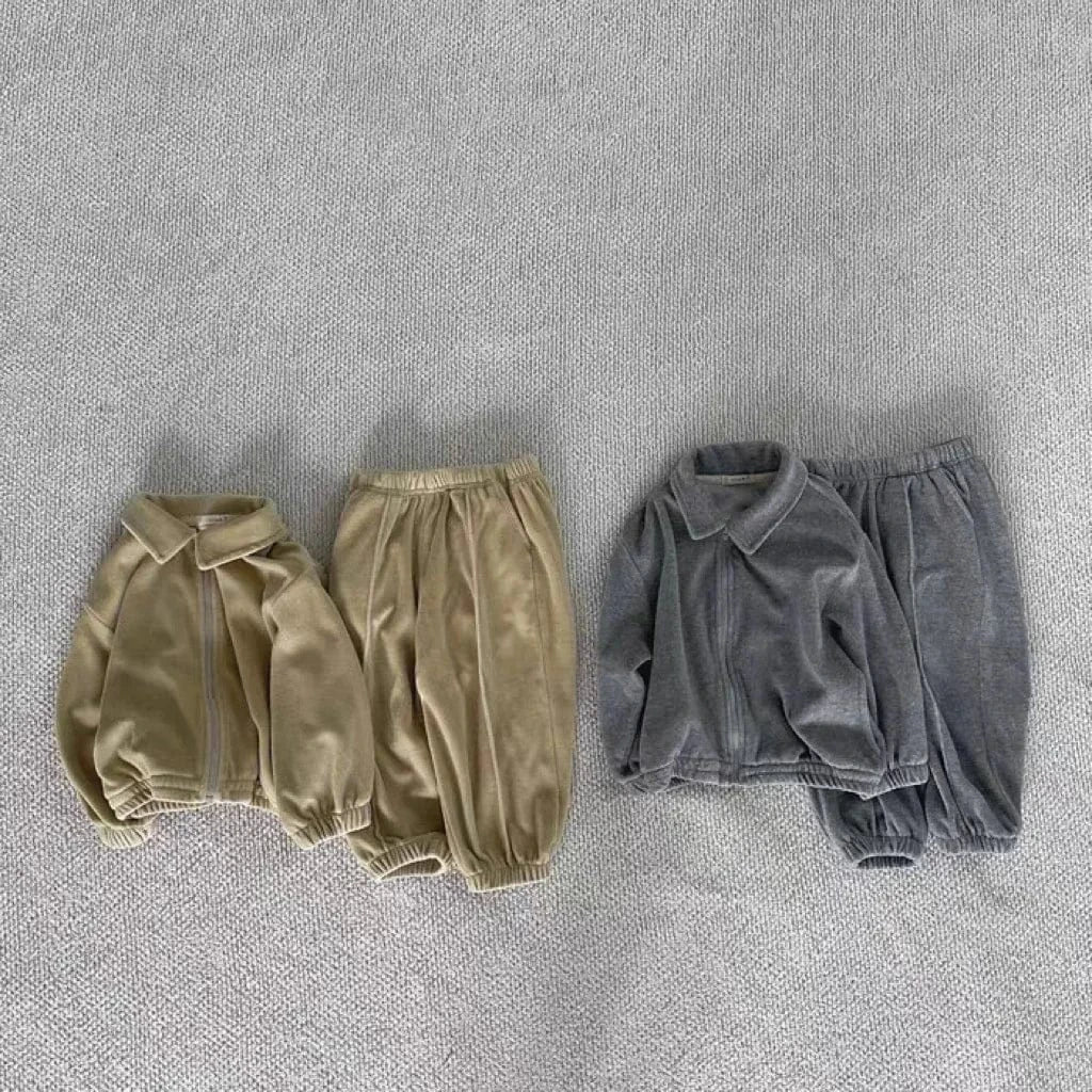 ベビーキッズセットアップ2点セット襟付きジップスウェットジャケットロングパンツ(黄/濃灰)