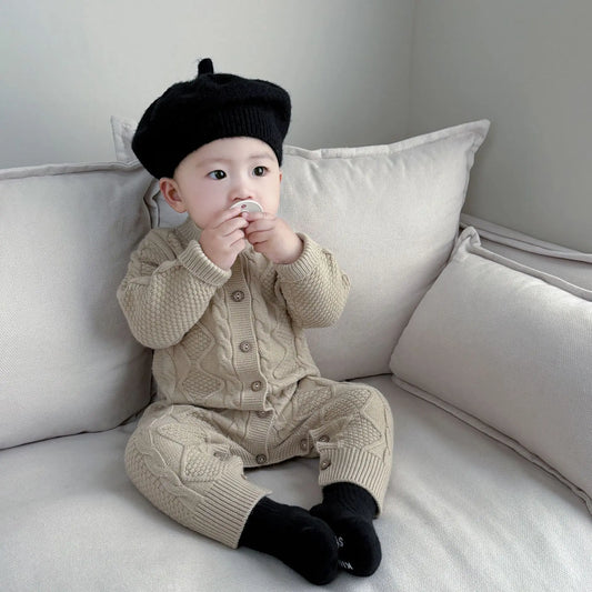 長袖ロンパース ベビーロンパース 長袖ニットジャンプスーツ アランニットケーブル編み ホワイト/カーキ/2カラー【mh0004410】