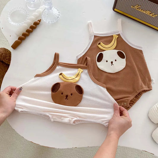 ノースリーブロンパース ベビーロンパース キャミソールボディスーツ バナナ 犬 刺繍 2カラー【mh0004458】
