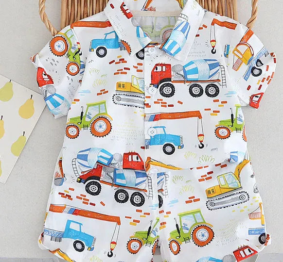 半袖セットアップ キッズセットアップ 2点セット 半袖アロハシャツ+ショートパンツ 車 キャラクター 総柄プリント【mh0004484】