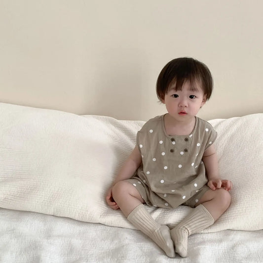 ノースリーブロンパース ベビーロンパース ショートスリーブジャンプスーツ 水玉ドットプリント 2カラー【mh0004998】