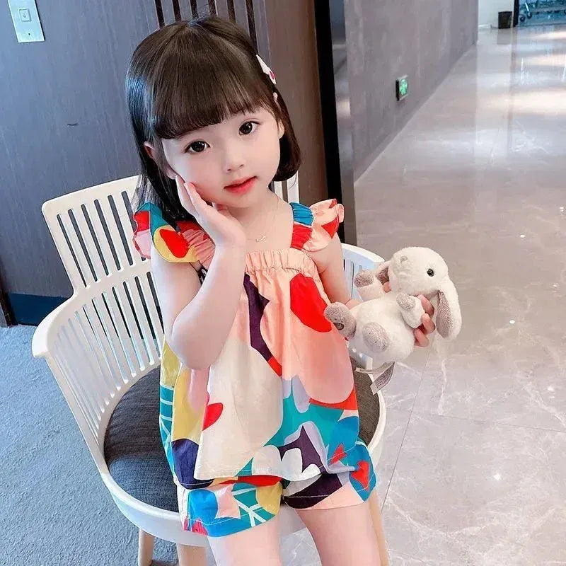 カラフル幾何学柄チュニック&ショートパンツ、ノースリーブ2点セット