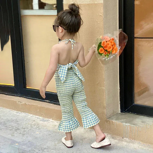 ノースリーブセットアップ キッズセットアップ 2点セット キャミソールバックリボントップス+フレアクロップドパンツ チェック【mh0005763】