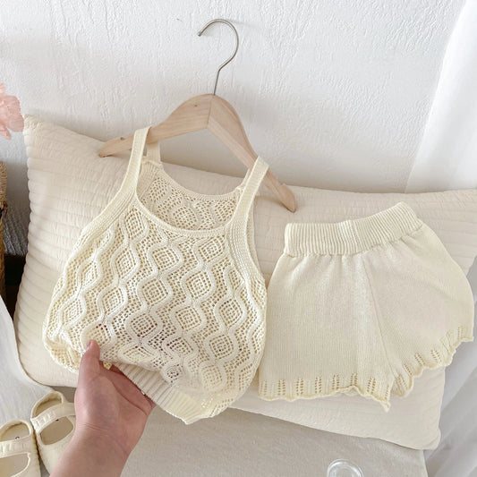 ノースリーブセットアップ キッズセットアップ 2点セット レースニット タンクトップベスト+ショートパンツ ベージュ【mh0006118】