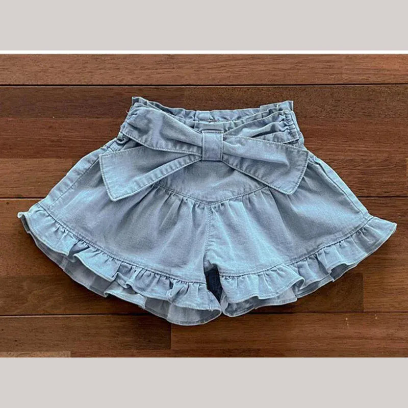 ハーフパンツ・ショートパンツ キッズパンツ デニム フリルリボン ショートパンツ 2カラー【mh0006242】