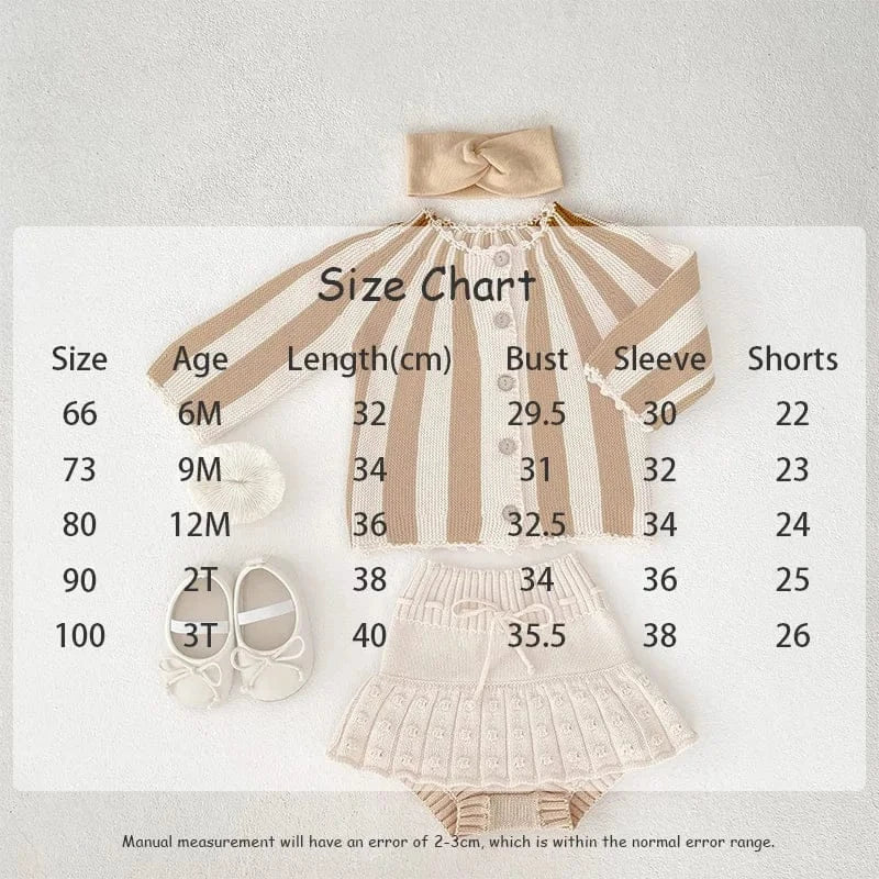 長袖セットアップ ベビーセットアップ 2点セット ニット ストライプカーディガントップス+フリルブルマパンツ【mh0006258】