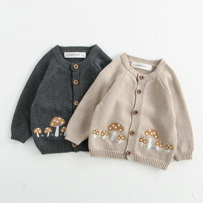 ベビー用ニットカーディガン きのこ刺繍 ボタン前開き(ダークグレー/ライトベージュ)