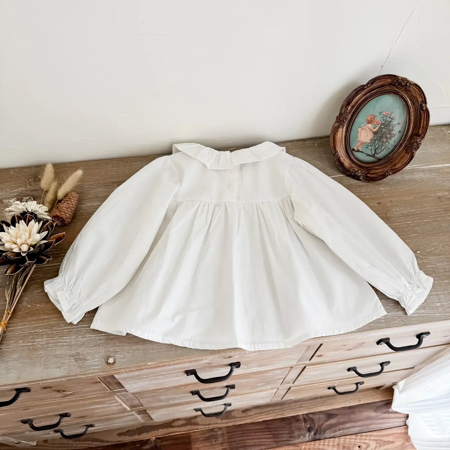 長袖シャツ・ブラウス キッズトップス サークルフリル襟刺繍ワンポイント長袖チュニックブラウス 2カラー【mh0006742】