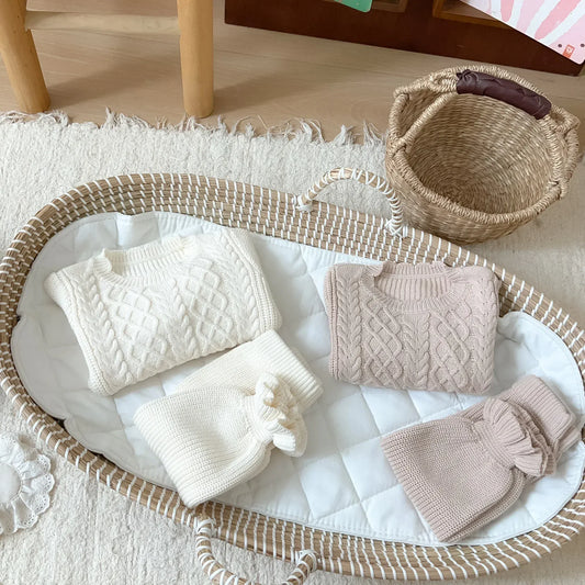 長袖セットアップ ベビーキッズトップス/パンツ アラン編みケーブルニットセーター/裾フリルニットロングパンツ 2カラー【mh0007151】