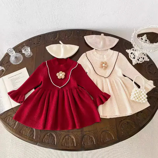 長袖ワンピース ベビーキッズ フラワー長袖ベルスリーブニットワンピース 2カラー【mh0007166】