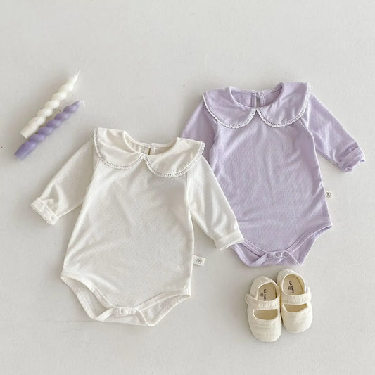 長袖ロンパース ベビーロンパース レース縁取り丸襟長袖シンプルボディスーツ 2カラー【mh0007167】