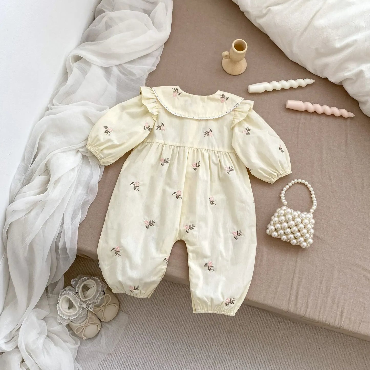 長袖セットアップ ベビーセットアップ 2点セット/ロンパース フラワー刺繍長袖チュニックブラウス+ブルマパンツ/長袖ジャンプスーツ【mh0007411】