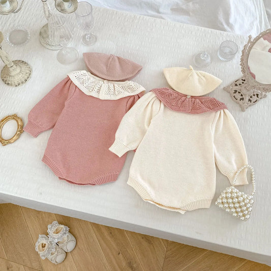 長袖ロンパース ベビーロンパース レースニットラッフル襟長袖ボディスーツ 2カラー【mh0007423】