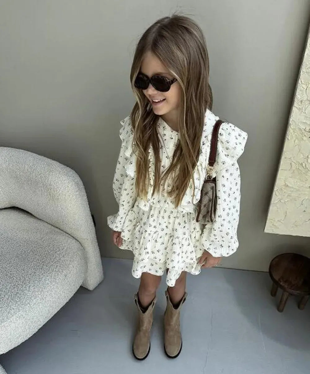 長袖セットアップ キッズセットアップ 2点セット フラワープリントフリル長袖ブラウス+ダブルフリルミニケーキスカート【mh0007495】