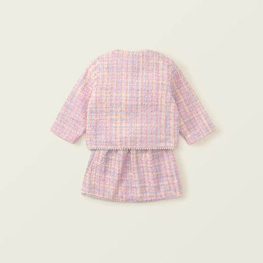 長袖セットアップ キッズスーツセットアップ 2点セット ツイードパールボタンジャケット+台形スカート 厚手/薄手 ピンク【mh0007498】