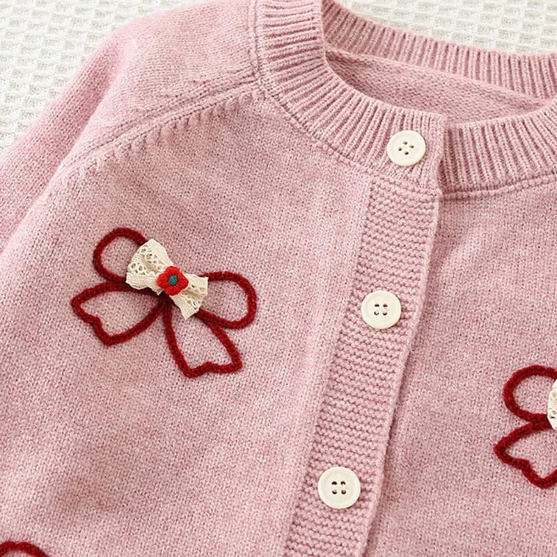 長袖セットアップ キッズセットアップ 2点セット リボン刺繍長袖ニットカーディガントップス+ティアードフリルケーキスカート【mh0007712】