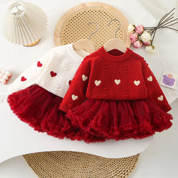 長袖セットアップ キッズセットアップ 2点セット ハート刺繍長袖ニットセーター+チュチュチュールボリュームミニスカート【mh0007906】