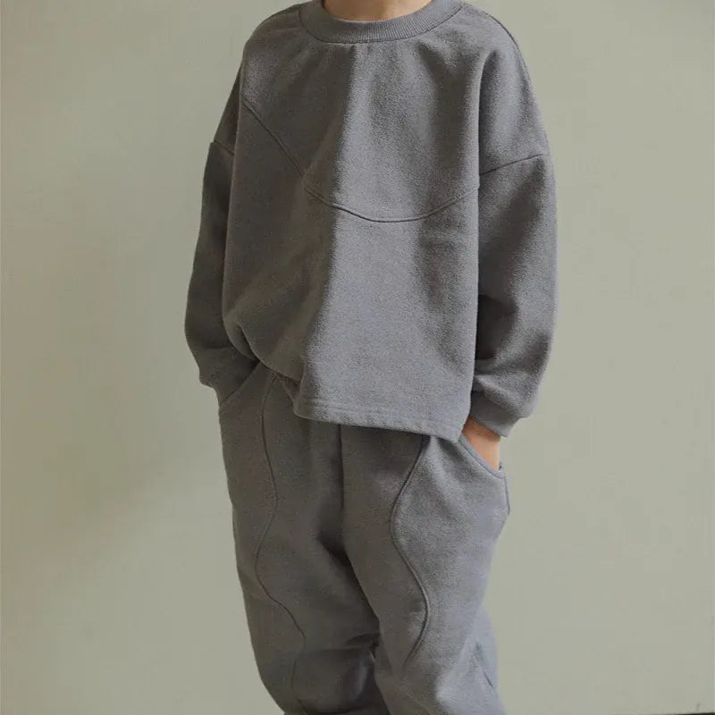 子ども用スウェットセットアップ 2点セット グレー 長袖トップスとロングパンツ