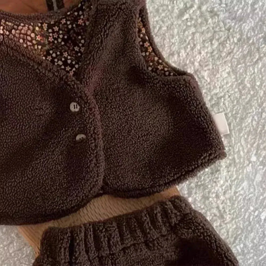 ノースリーブセットアップ ベビーセットアップ 2点セット うさ耳付きボアフリース前あきベスト+しっぽ付きショートパンツ【mh0008135】