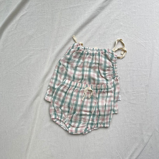 ノースリーブセットアップ チェック柄サマーセットアップ 2点セット ノースリーブブラウス+ブルマパンツ【mh0009278】