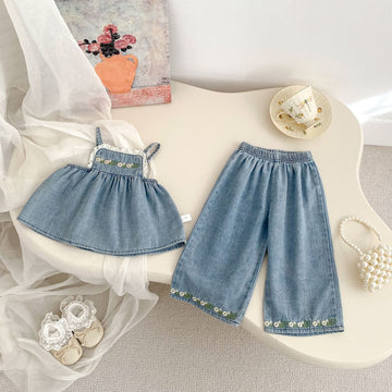 ノースリーブセットアップ デニムセットアップ 2点セット フラワー刺繍キャミソール+ワイドルーズパンツ【mh0009702】