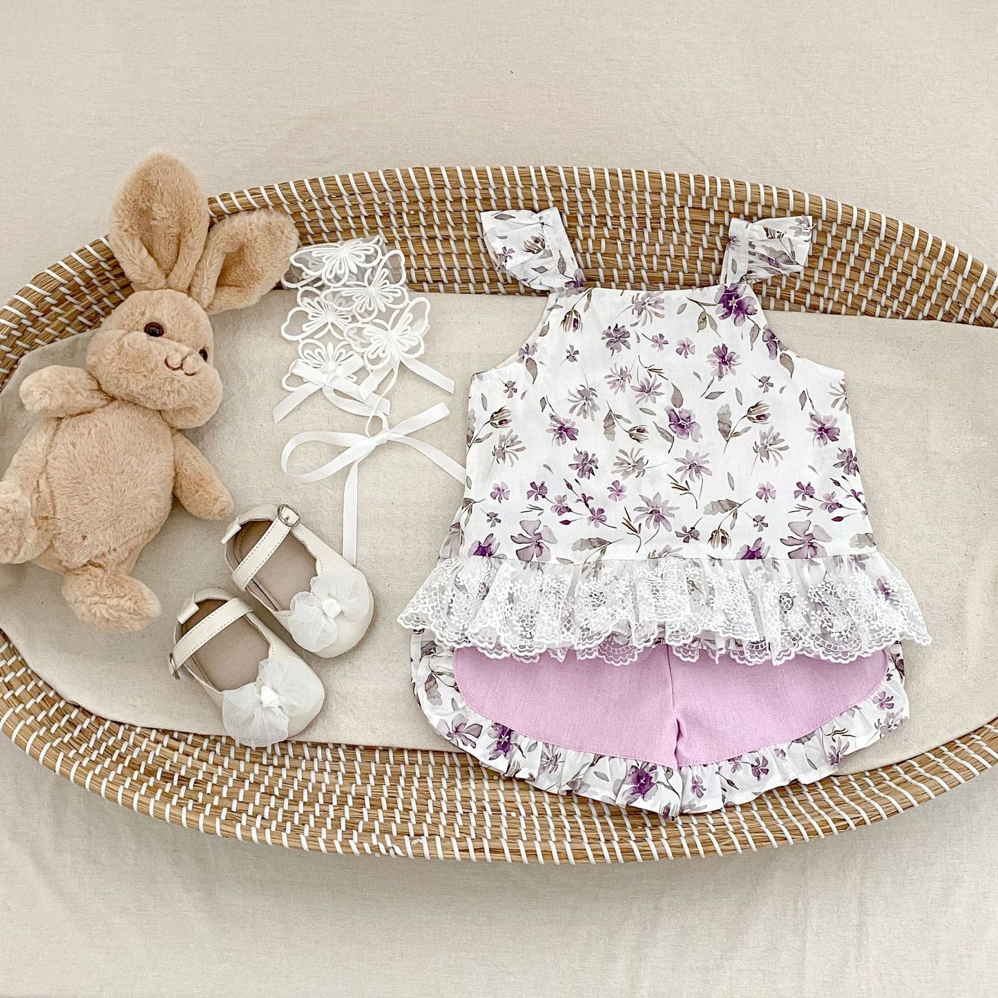 ノースリーブセットアップ 花柄プリントキャミソールブラウス+ショートパンツセットアップ 2点セット【mh0010160】