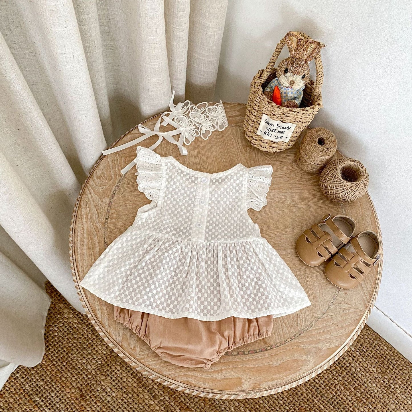 半袖セットアップ チェックフリルスリーブブラウス+レースフリルブルマパンツセットアップ 2点セット【mh0010167】