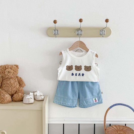 ノースリーブセットアップ ベアくまプリントタンクトップ+ショートパンツセットアップ 2点セット【mh0010319】