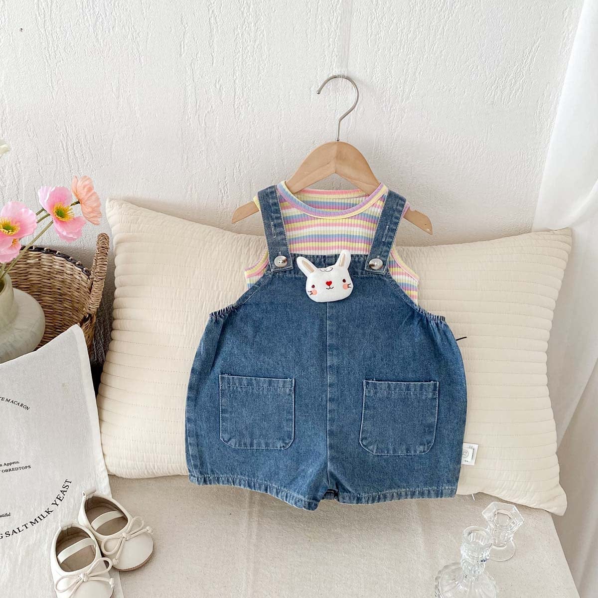 ノースリーブセットアップ レインボータンクトップ+うさ耳しっぽデニムオーバーオールセットアップ 2点セット【mh0010332】