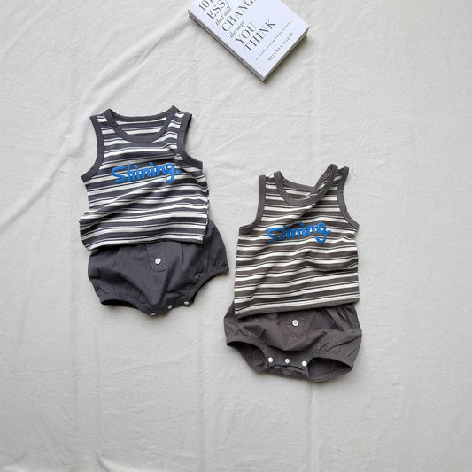 ノースリーブセットアップ ボーダータンクトップ+ブルマパンツセットアップ 2点セット【mh0010420】