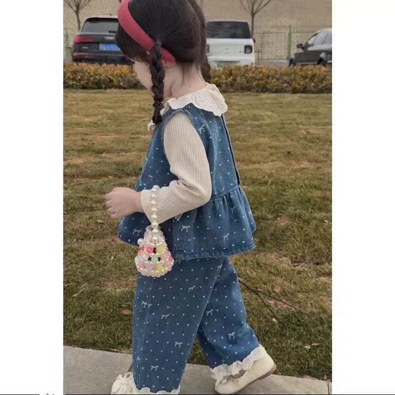 ノースリーブセットアップ ドットリボンデニムベスト+パンツセットアップ 2点セット【mh0011020】