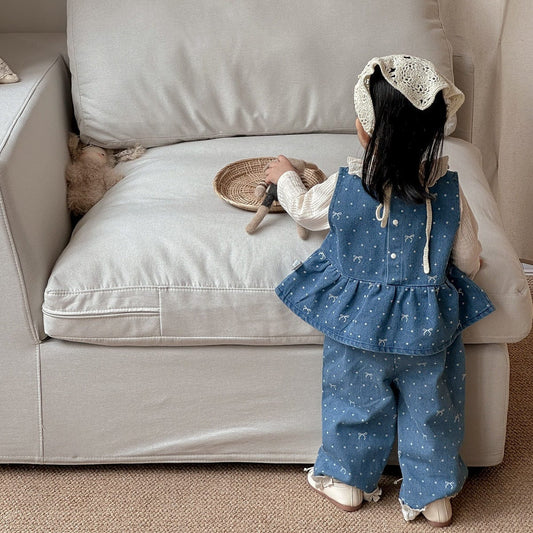 ノースリーブセットアップ ドットリボンデニムベスト+パンツセットアップ 2点セット【mh0011020】