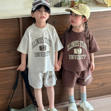 半袖セットアップ キッズセットアップ 2点セット レターロゴプリント半袖Tシャツ+ハーフパンツ 2カラー