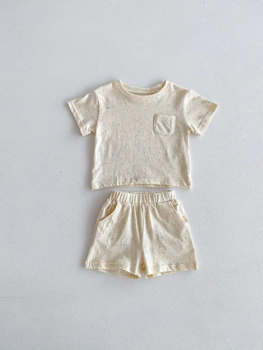 半袖セットアップ キッズセットアップ 2点セット 半袖Tシャツ+ショートパンツ カラフルネップ シンプルベーシック 2カラー