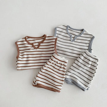 ノースリーブセットアップ ☺︎ キッズセットアップ 2点セット ノースリーブTシャツ+ショートパンツ レトロボーダー 2カラー