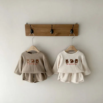 長袖セットアップ ベビーセットアップ 2点セット ワッフル 長袖Tシャツ+ショートパンツ ベアくまプリント 2カラー