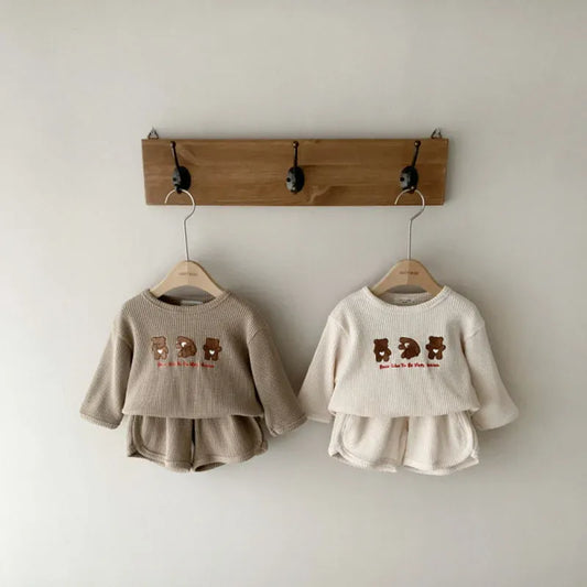 長袖セットアップ ベビーセットアップ 2点セット ワッフル 長袖Tシャツ+ショートパンツ ベアくまプリント 2カラー