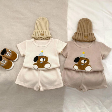 半袖セットアップ ベビーセットアップ 2点セット ワッフル 半袖Tシャツ+ショートパンツ 犬ドッグ刺繍 2カラー