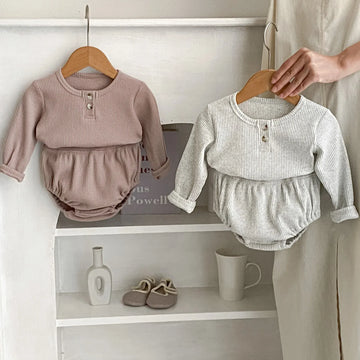 長袖セットアップ ベビーセットアップ 2点セット 長袖リブヘンリーネックTシャツ ブルマパンツ シンプルベーシック ダークピンク グレー 2カラー