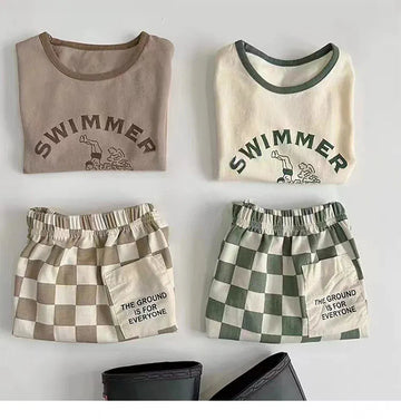 半袖セットアップ ベビーセットアップ 2点セット 半袖プリントTシャツ+チェックパンツ 2カラー【mh0005783】