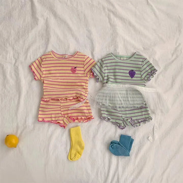 半袖セットアップ ベビーセットアップ 2点セット 半袖Tシャツ+ショートパンツ フリル ボーダー 2カラー【mh0005787】