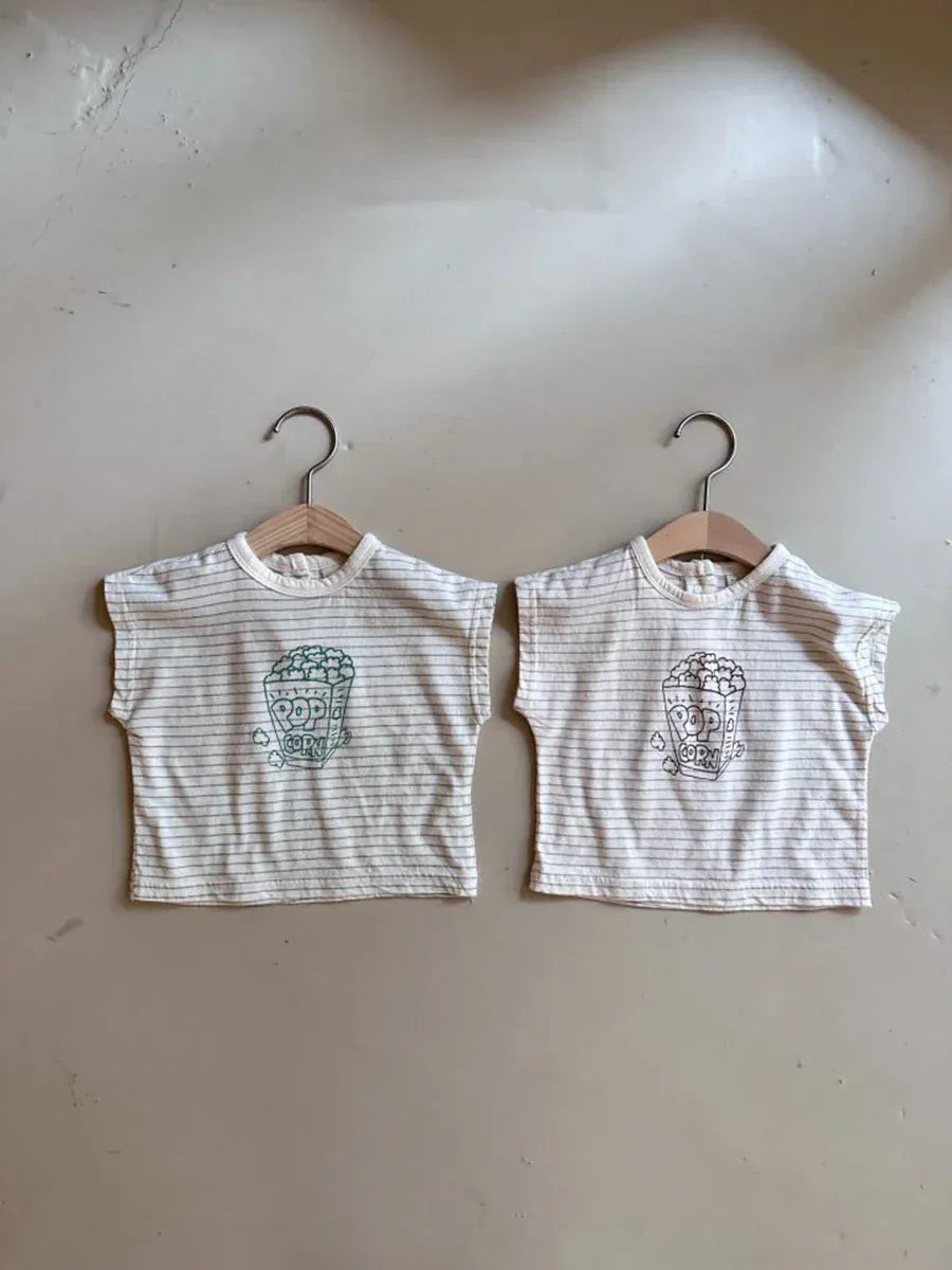 半袖セットアップ ベビーセットアップ 2点セット 半袖Tシャツ+ブルマパンツ ボーダー ポップコーンプリント 2カラー【mh0005940】